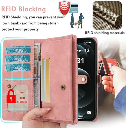 for Wallet Case Compatible with iPhone 12 Pro Max,Multi-Function Detachable 2 in 1 Magnetic iPhone 12 Pro Max Case Wallet,Flip Strap Zipper Card Holder Phone Case with Shoulder Straps (Pink)