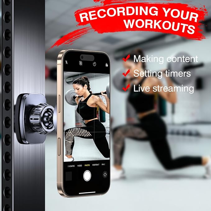 Romuto Magnetic Phone Holder for Gym Mag Safe Phone Holder【Dual Grip】 Gym Phone Holder Magnet Phone Camera Mount for Gym Accessories for Women Attach to Metal Surface with iPhone 17 Pro Max 16 15 14