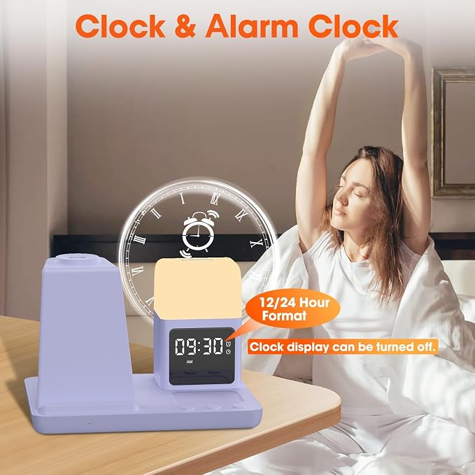Wireless Charger for Samsung/Android Charging Station, 6 in 1 Fast Watch Charger with Alarm Clock-Night Light, Compatible for Galaxy S25 Ultra/S24, Only for Samsung Watch 8/7,Galaxy Buds3 Pro(Purple)