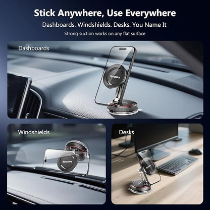 SYNCWIRE for MagSafe Car Mount [2-Axis Design] Nano Adhesive Gel + Suction Cup Magnetic Phone Holder for Dashboard & Windshield, 360° Adjustable for iPhone 17 16 15 14 13 12 11, Samsung, Matte Black
