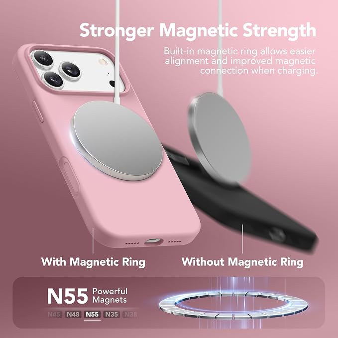 GONEZ Magnetic for iPhone 17 Pro Case, Compatible with MagSafe, [Screen Protector + Camera Lens Protector], Liquid Silicone Anti-Scratch Shockproof Protective Phone Case 6.3 inch, Peach Pink