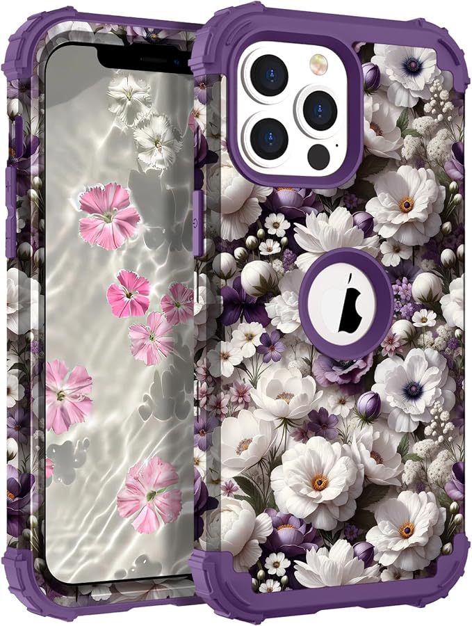 Hocase for iPhone 13 Pro Max Case, Heavy Duty Shockproof Protection Soft Silicone Rubber Bumper+Hard Plastic Hybrid Protective Case for iPhone 13 Pro Max (6.7") 2021 - White Flowers