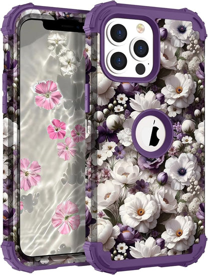 Hocase for iPhone 13 Pro Max Case, Heavy Duty Shockproof Protection Soft Silicone Rubber Bumper+Hard Plastic Hybrid Protective Case for iPhone 13 Pro Max (6.7") 2021 - White Flowers