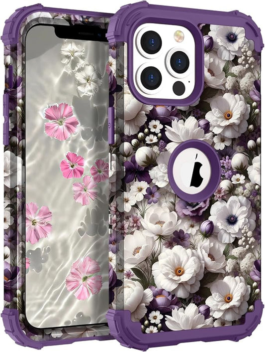 Hocase for iPhone 13 Pro Max Case, Heavy Duty Shockproof Protection Soft Silicone Rubber Bumper+Hard Plastic Hybrid Protective Case for iPhone 13 Pro Max (6.7") 2021 - White Flowers