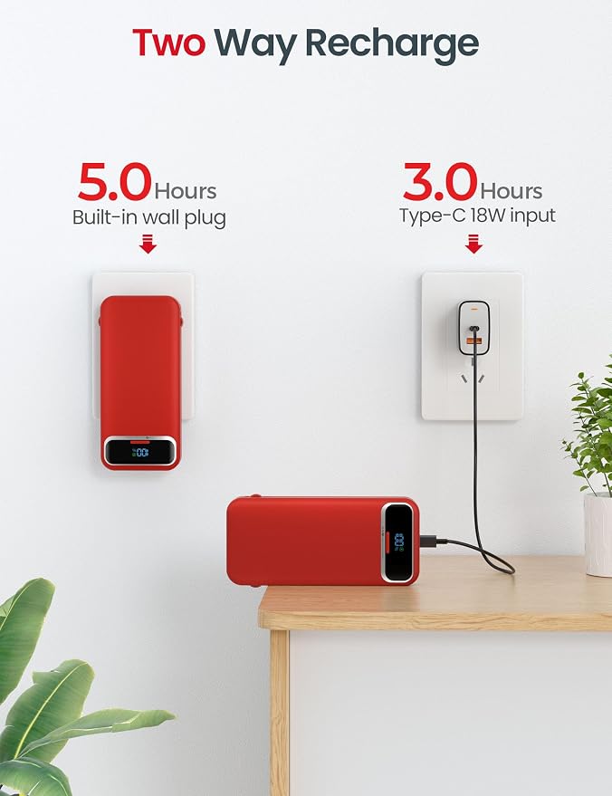 12000mAh Lightweight-Portable-Charger-Power-Bank with Built-in Cables and AC Wall Plug, PD20W USB-C Fast Charging Battery Pack, LED Display External Travel Phone Charger for All iPhone,Samsung,Android