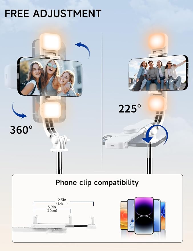 Selfie Stick Tripod with 2 Light, 45" Selfie Sticks with Wireless Remote, Portable Phone Tripod Compatible with 4''-7'' iPhone/Android Samsung Smartphones Selfie Stick for Travel Video Record Vlog