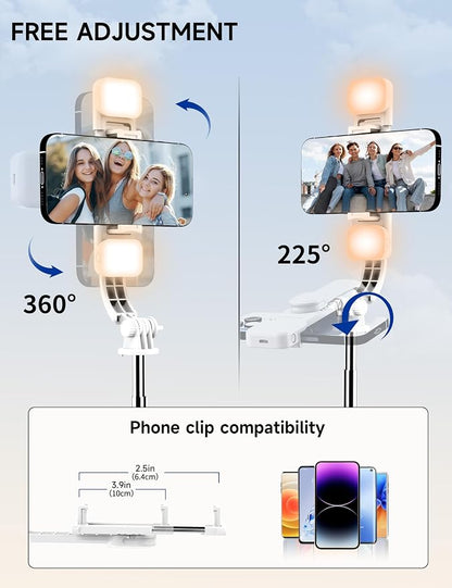 Selfie Stick Tripod with 2 Light, 45" Selfie Sticks with Wireless Remote, Portable Phone Tripod Compatible with 4''-7'' iPhone/Android Samsung Smartphones Selfie Stick for Travel Video Record Vlog