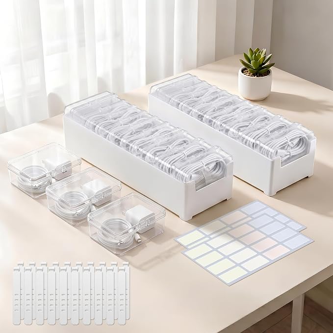 ARVOK 2 Sets Cable Organizer Box with 20 Adjustable Compartments，Cable | Storage Box with Lid,Solution for Cable Chaos Charging Cables, Organizer for Home Office Desk Organizers and Accessories