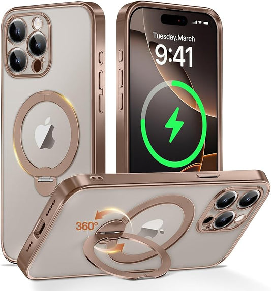 GolbinBox for iPhone 15 Pro Max Case with 360° Spin Magnetic Stand,[Compatible with Magsafe] [Military Protection][Built-in Ring Holder] Shockproof Phone Case for 15 Pro Max,Desert Titanium/Clear