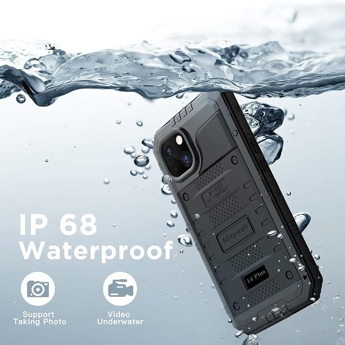 Mitywah Waterproof Case for iPhone 14 Plus, Heavy Duty Shockproof Case with Built-in Screen Protector, Full Body Underwater Protective Metal Case 6.7 inch, Black