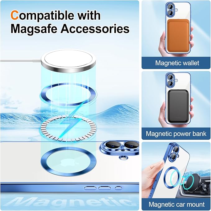Hython for iPhone 17 Case Glitter Clear Magnetic Phone Cases [Compatible with MagSafe] Full Camera Lens Protector Sparkle Luxury Plating Slim Shockproof Protective Cover, Gradient Deep Blue