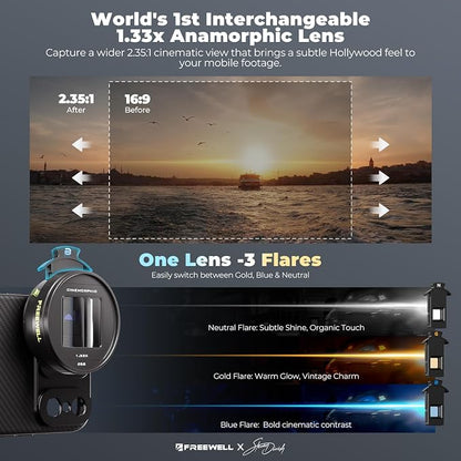 Freewell 1.33x Anamorphic Lens for iPhone & Samsung - 3 Flare Colors in One Lens (Neutral, Gold, Blue) - Cinematic Smartphone Lens with Oval Bokeh - Compatible with 17mm Mount Phone Case & Cage.
