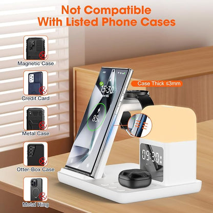 Wireless Charger for Samsung/Android Charging Station, 6 in 1 Fast Watch Charger with Alarm Clock-Night Light, Compatible for Galaxy S25 Ultra/S24, Only for Samsung Watch8/7, Galaxy Buds3 Pro(White)