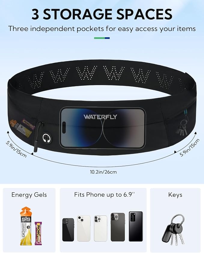 WATERFLY Running Belt Fanny Pack: Slim Waist Bag for Men Women, Workout Fitness Phone Holder for Exercise Marathon Jogging-Black