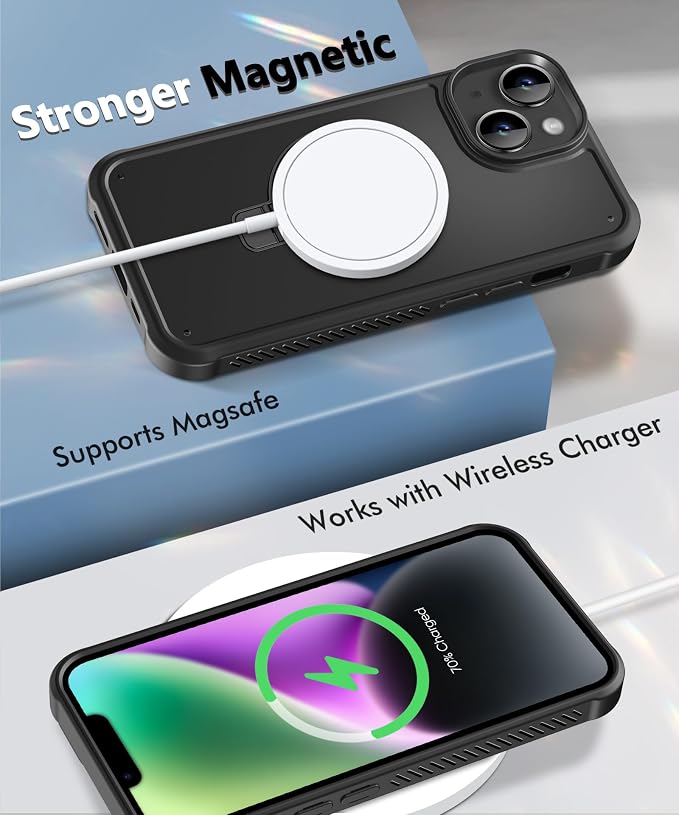 for iPhone 13/14 Case, Built-in Magnetic & Seamless Stand, [Compatible with Magsafe] Protective Shockproof Phone Case, Scratch-Resistant Matte Back Slim Cover for 6.1 Inch - Black