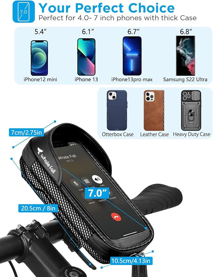 whale falll Bike Handlebar Bag Waterproof, Quick Release Phone Holder Mount with Touchscreen, Stable Shockproof Storage for Daily Commutes & Long Rides, Great Gift for Cyclists, Fits Phones up to 7"