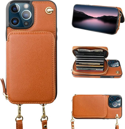 Bocasal Crossbody Wallet Case for iPhone 13 Pro Max, RFID Blocking Leather Purse Case with Card Holder, Protective Handbag Flip Cover with Zipper Wrist Strap Lanyard for Women 5G 6.7 Inch (Brown)