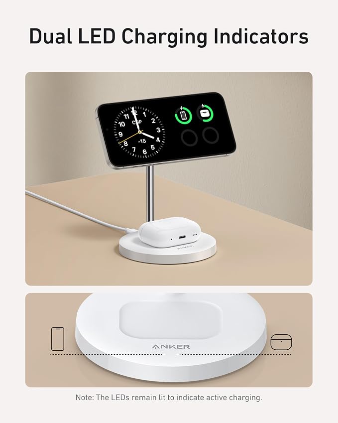 Anker MagSafe Compatible MagGo Charger Stand, iPhone 17 Wireless Charger, 2-in-1 Charging Station, Qi2 Certified 15W Fast Charging, for iPhone 17/16/15/14/13, AirPods Pro (White, with Cable)