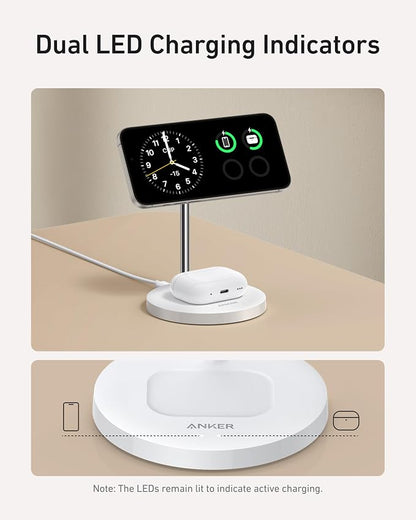 Anker MagSafe Compatible MagGo Charger Stand, iPhone 17 Wireless Charger, 2-in-1 Charging Station, Qi2 Certified 15W Fast Charging, for iPhone 17/16/15/14/13, AirPods Pro (White, with Cable)