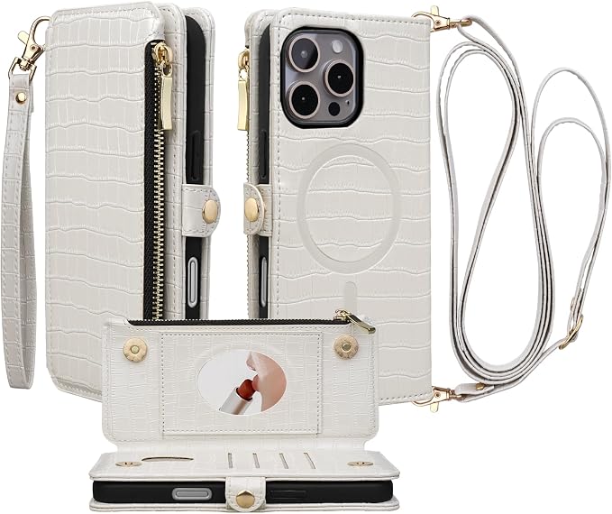 Crossbody Wallet Case for iPhone 16 Pro Max with Mirror, Wrist Strap, Zipper Purse Magnetic Flip RFID Blocking Card Holder, Wireless Charging, PU Leather Shockproof 6.9" Women (White)