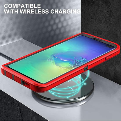 for Samsung Galaxy S10 Plus Case, with 2Pcs [Self Healing Flexible TPU Screen Protector & Camera Lens Protector] Military Grade 3 in 1 Heavy Duty Case for Galaxy S10 Plus (Red/Black)