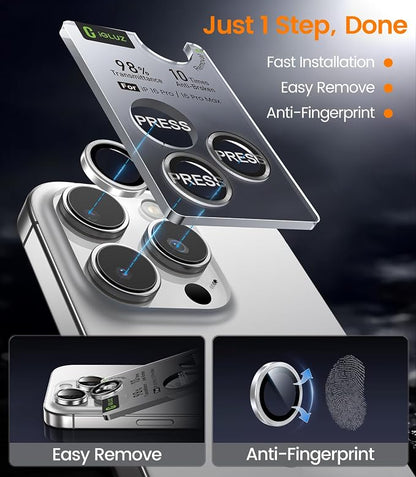 iGluz 2 Pack Anti-Reflection Camera Lens Protector for iPhone 16 Pro/iPhone 16 Pro Max [98% Transmittance][1-Step Installation Tray][Strong Adsorption] 9H Shatterproof Tempered Glass-White Titanium