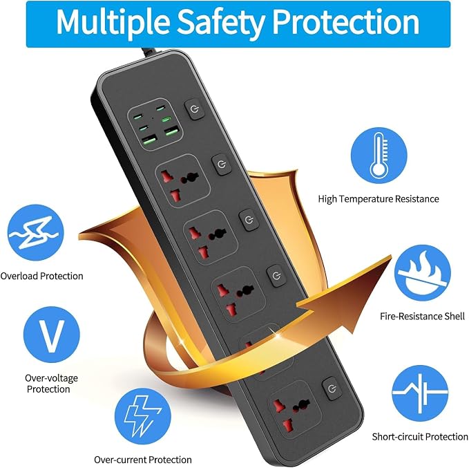 Power Strip with Individual Swtich, 6ft Extension Cord with 5 Universal Outlets and 6 USB (4 USB C), Max 3000w, 110-240v, Multiple Outlets Plug Adapter for Office Travel, UK Plug, Black