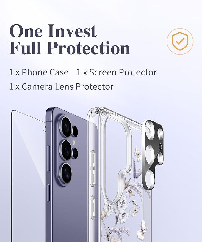 GVIEWIN Compatible with Samsung Galaxy S26 Ultra Case, Clear Floral Slim Shockproof Protective Women Phone Case, Non-Yellowing, with Screen Protector & Camera Lens Protector 6.9", Corals/Lilac
