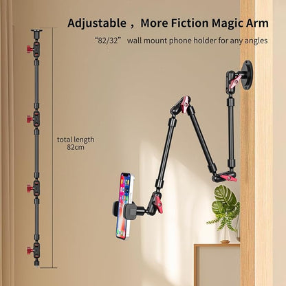 Wall Mounted Phone Holder Magic Arm 360° Rotation Adjustable Metal Base Screw in Wall Sturdy for Kitchen Bedroom Home 32 Inch ABS Phone Clip