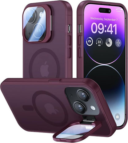 for iPhone 14 Plus Case with Camera Cover Stand [Built-in 9H Camera Lens Protector][Fit for Magsafe] Military Grade Shockproof Translucent Matte Magnetic Phone Case 6.7",Red