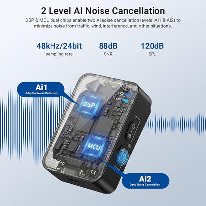 NEEWER CM26 Pro AI Wireless Microphone Compatible with iPhone Android Phone Camera PC, Lavalier Lapel Mic DSP/MCU Noise Cancellation Mute Gain Low Cut 48KHz/24Bit 88dB SNR 50H Battery 100m Range