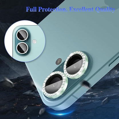 ShinKin Camera Lens Protector for iPhone 16/iPhone 16 Plus, Bling Glitter Camera Cover, 9H Tempered Glass Individual Metal Ring Camera Protector for iPhone 16/iPhone 16 Plus (Diamond - Green)