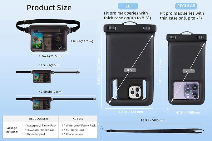 AiRunTech Waterproof Fanny Pack,Waterproof Phone Pouch for iPhone16 15 14 13 12 11 Pro Max,IPX8 Dry Bag for Snorkeling Beach Cruise Kayaking Pool Swimming(Phone Case + Waist Bag 2-Piece Set)