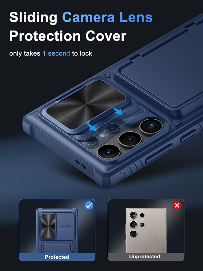 Vihibii for Samsung Galaxy S23 Ultra Case with Card Holder (4 Cards), Built-in 2X Tempered Glass Screen Protector & Slide Camera Cover & Kickstand, Rugged & Shockproof Phone Case for S23 Ultra, Blue