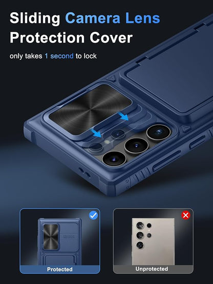 Vihibii for Samsung Galaxy S23 Ultra Case with Card Holder (4 Cards), Built-in 2X Tempered Glass Screen Protector & Slide Camera Cover & Kickstand, Rugged & Shockproof Phone Case for S23 Ultra, Blue