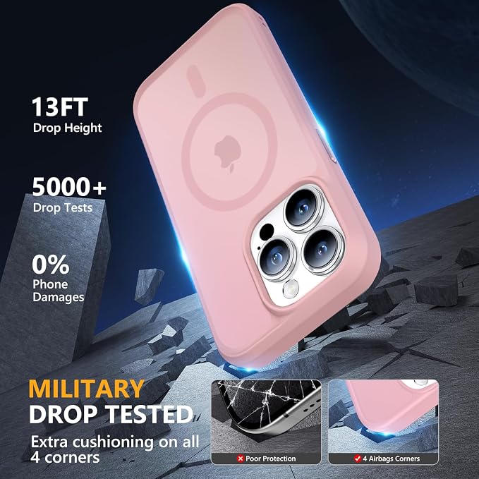 MOCCA Strong Magnetic for iPhone 15 Pro Case, [Compatible with Magsafe][13FT Military Drop Protection] Slim Translucent Matte Shockproof Case for iPhone 15 Pro Phone Case 6.1'', Pink