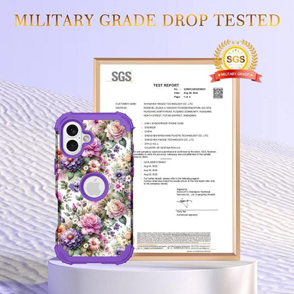 Hocase for iPhone 17 Case 6.3", Heavy Duty Shockproof Protection Soft Silicone Rubber+Hard Plastic Bumpers Hybrid Protective Case for iPhone 17 2025 - Purple Pink Flowers