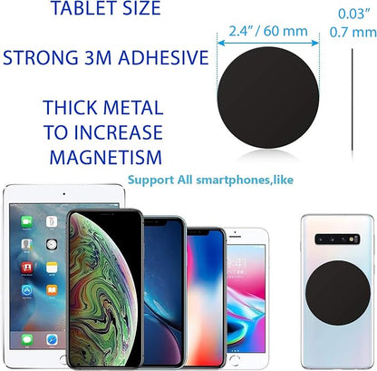 Tablet Metal Plates for Magnetic Car Mount, Wall, Magnets Kit. Replacement Set 2.4" of 12 Large Black Round Iron Discs for DIY, Crafts. 3M Adhesive Backing Steel Cell Phone Case Stickers 12 Pack