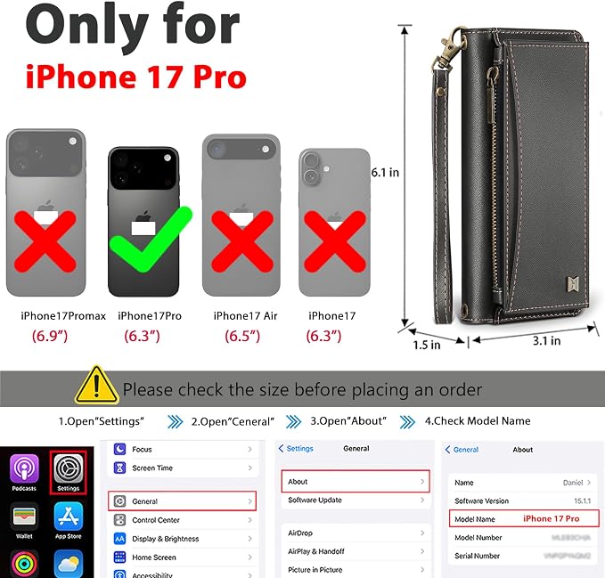 Wallet Case for iPhone 17 Pro with Card Holder/Crossbody Wallet/Strap,[RFID Blocking][Magnetic] PU Leather Phone Case for iPhone 17 Pro,6.3 in,Black