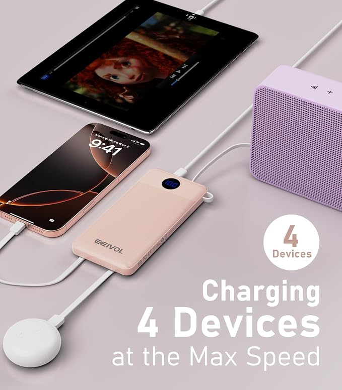 Portable Charger with Built in Cables, Slim 10000mAh Power Bank, USB C Battery Pack Travel, 4 Output 2 Input External Charging Bank for iPhone 17/16/15/14/13,Samsung, Android, etc-Pink(1 Pack)