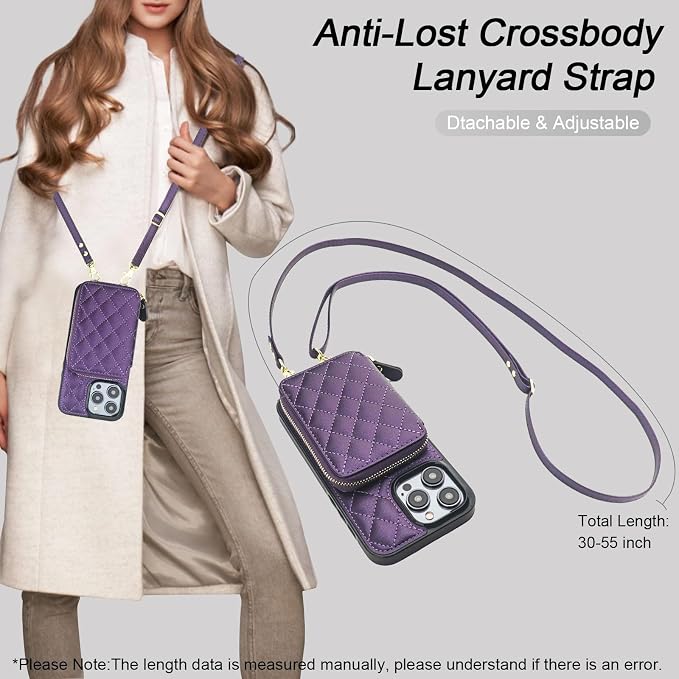Bocasal Crossbody Wallet Case for iPhone 14 Pro Max, RFID Blocking PU Leather Zipper Handbag Purse Flip Cover, Kickstand Folio Case with Card Slots Holder Wrist Strap Lanyard 5G 6.7 Inch (Dark Purple)