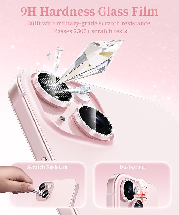 GolbinBox Camera Lens Protector for iPhone 15/15 Plus, 1:1 Invisible Fit, 9H Tempered Glass Ultra HD Metal Individual Camera Cover for Women, Case Friendly, Bling/Pink