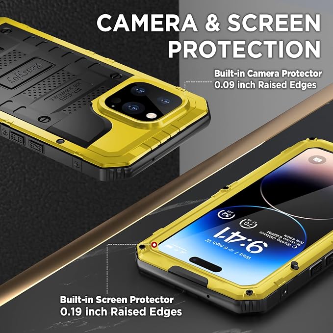 Beasyjoy Waterproof Case for iPhone 14 Pro, Metal Full Body Sealed Phone Case with Built-in Screen Protector, Military Grade Heavy Duty Defender Armor Shockproof Rugged Case 6.1 Inch, Yellow