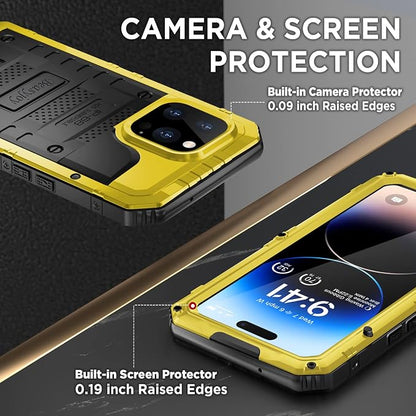 Beasyjoy Waterproof Case for iPhone 14 Pro, Metal Full Body Sealed Phone Case with Built-in Screen Protector, Military Grade Heavy Duty Defender Armor Shockproof Rugged Case 6.1 Inch, Yellow
