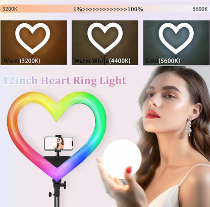 Heart Ring Light, 13" Desk Ring Light with Extendable Selfie Stick Stand for Laptop Video Conference Lighting with Phone Holder Height Adjustable 47 Color Modes for Live Stream/Makeup Compatible