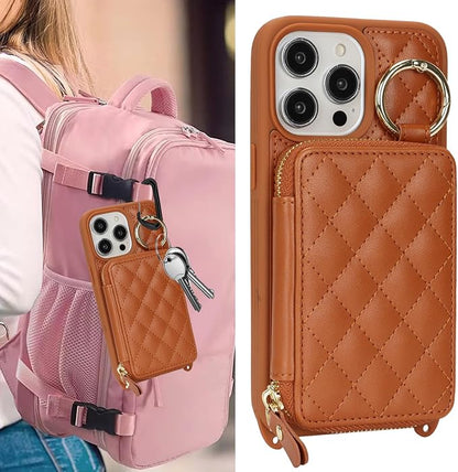 Crossbody Wallet Case for iPhone 14 Pro Max, PU Leather Zipper Handbag Purse Flip Cover, Kickstand Folio Case with Card Slots Holder Wrist Strap Lanyard 5G 6.7 Inch-Brown