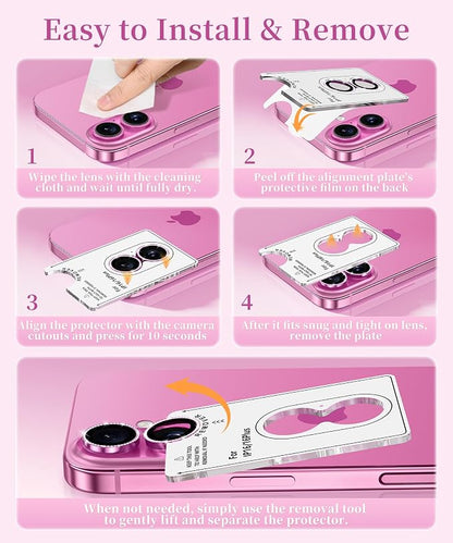GolbinBox Camera Lens Protector for iPhone 17/16/16 Plus, 1:1 Invisible Fit, 9H Tempered Glass Ultra HD Metal Individual Camera Cover for Women, Case Friendly, Bling/Hot Pink