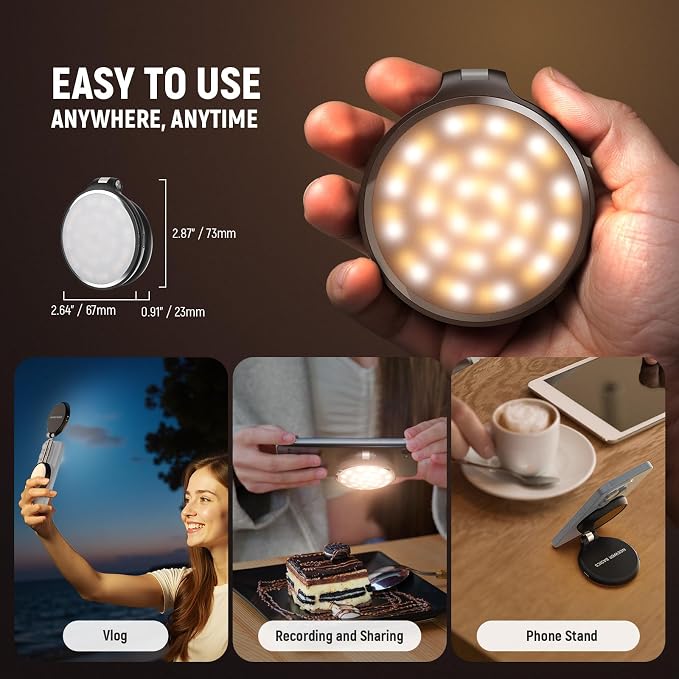 NEEWER Basics Magnetic LED Selfie Light Compatible with MagSafe iPhone, Desk Stand Phone Holder with Makeup Mirror 1160lx/0.2m 900mAh CRI95 Fill Lighting for Video Recording Streaming, Black NL48R