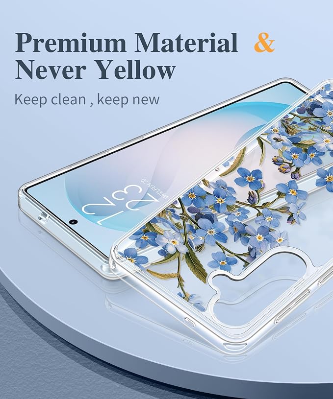 GVIEWIN for Samsung Galaxy S26 Plus Case, Clear Floral Slim Shockproof Protective Women Phone Case, Non-Yellowing, with Screen Protector&Camera Lens Protector for S26 Plus 6.7", Aconite/Blue