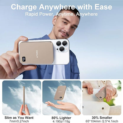 Magnetic Portable Charger 5000mAh, 15W Ultra Slim Wireless Portable Charger, Fast Charging for iPhone 16/15/14/13/12 Pro/Pro Max/Plus, Metal Shell, USB-C Cable to Charge Other Phones (Gold)